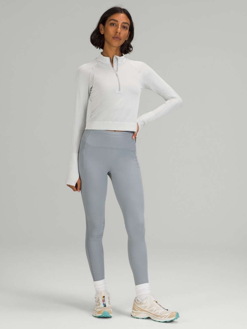 Lululemon Rest Less Cropped 1/2 ZipDiagonal Rib Silver Drop / White - Picture 4 of 10